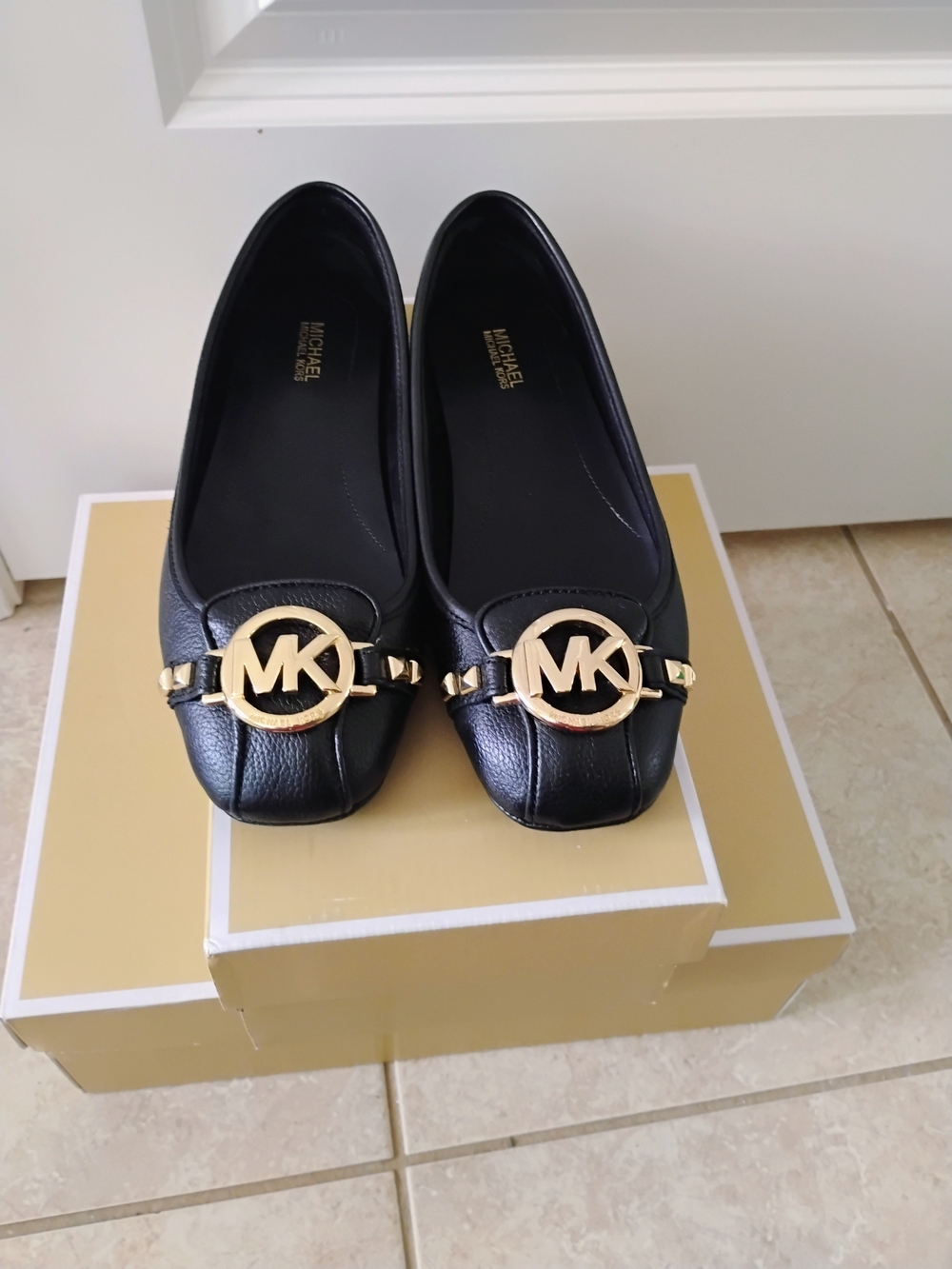 MICHAEL Michael Kors Black Leather MK Logo Ballet Flats